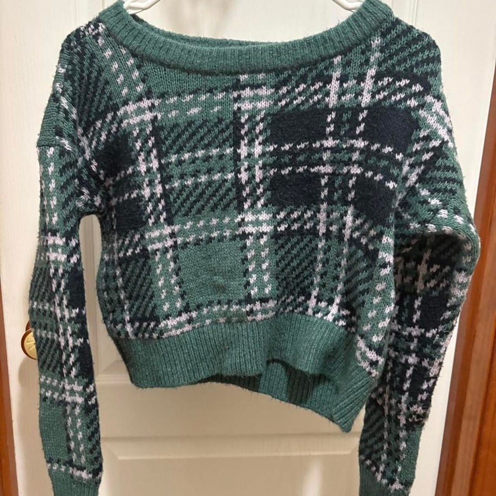 Abercrombie & Fitch Green‎ Plaid Cropped Sweater XS Long Sleeve Knit Crew Neck